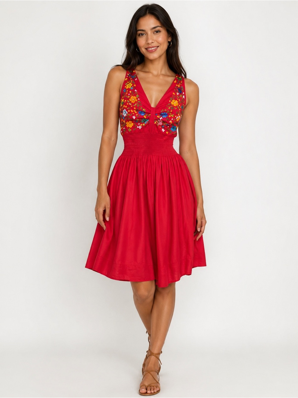 Mexican Boho Embroidered Red Dress Small Floral Embroidery Pinup Retro Dress